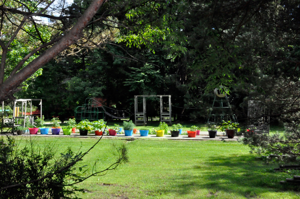 flower pots in the yard next to the playground